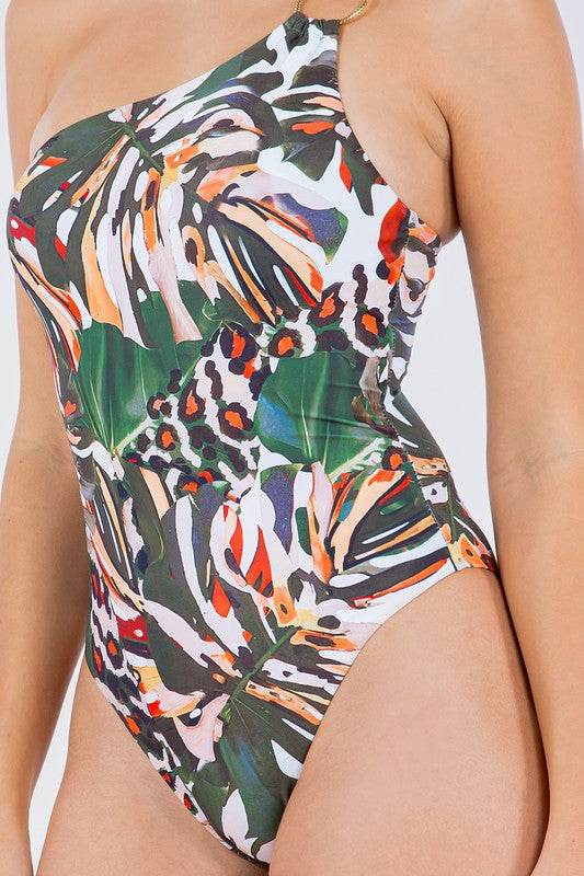 ONE PIECE BATHING SUIT FLORAL PRINT SINGLE SHOULDE