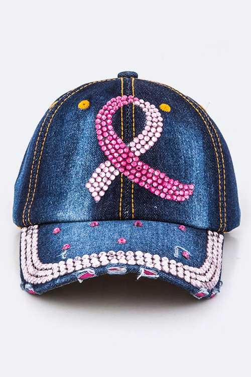 Crystal Pink Ribbon Embelished Fashion Denim Cap