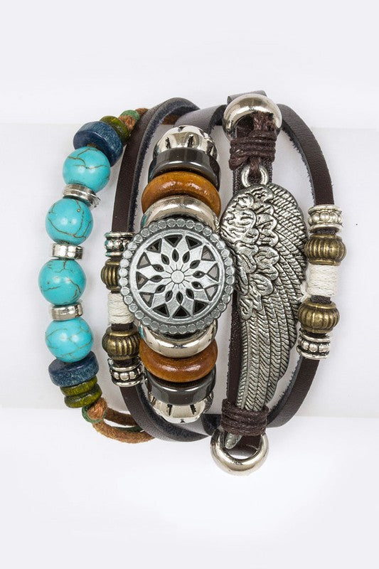 Wing & Beads Mix Leather Bracelet Set