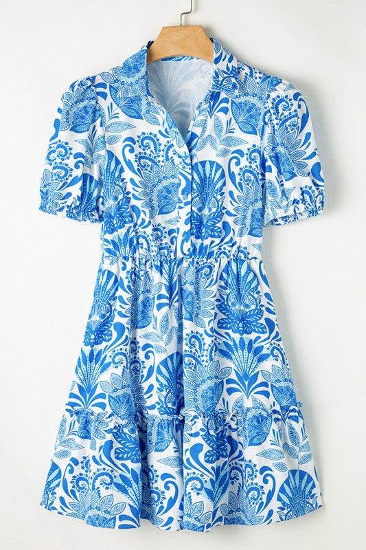 Floral Print Drawstring Waist Ruffled Mini Dress