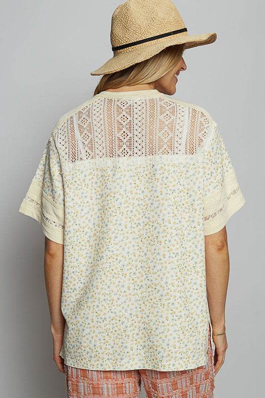 POL Number Floral Crochet Button Detail Half Sleeve Top