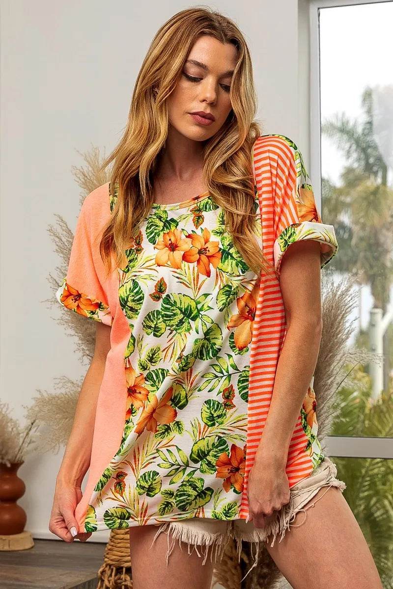 BiBi Floral W Stripe Color Block Dolman Sleeves Top