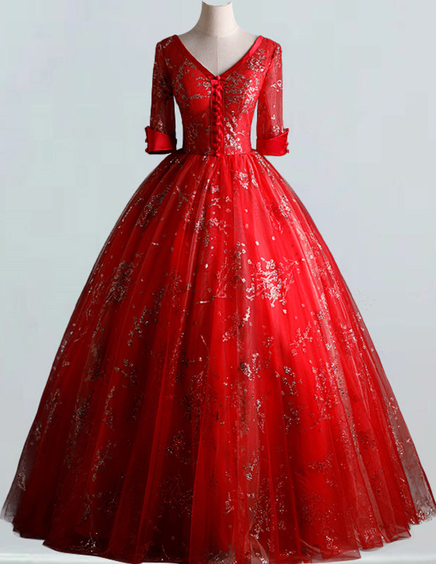 Women's Red V-Neck Sequin Lace Tulle Evening Gown | Prom & Party Dress