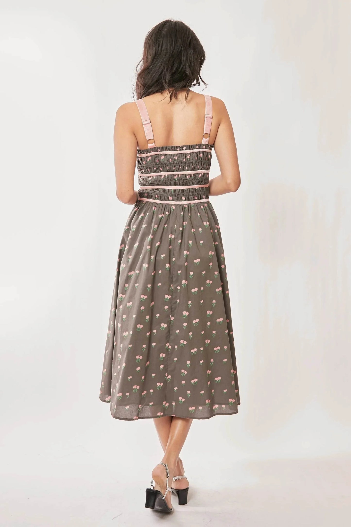 Davi & Dani Contrast Velvet Tape Smocking Bodice Midi Dress