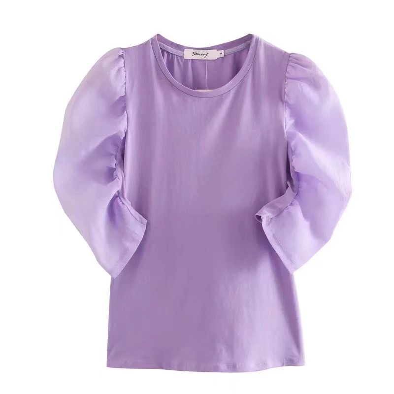 Elegant round Neck Puff Sleeve Half Sleeve Pullover Solid Color Shirt for Women