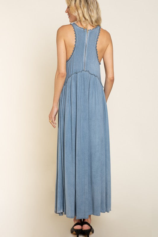 Stone Washed Side Slit Cut Out Maxi Dress