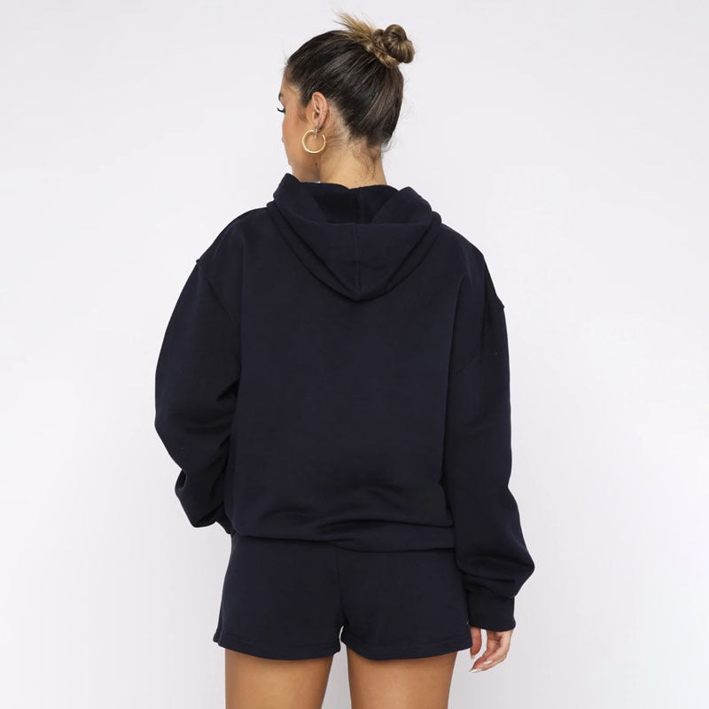 Autumn Winter Solid Color Pullover Hooded Long Sleeves Sweaters Women Clothing Casual Shorts Suit