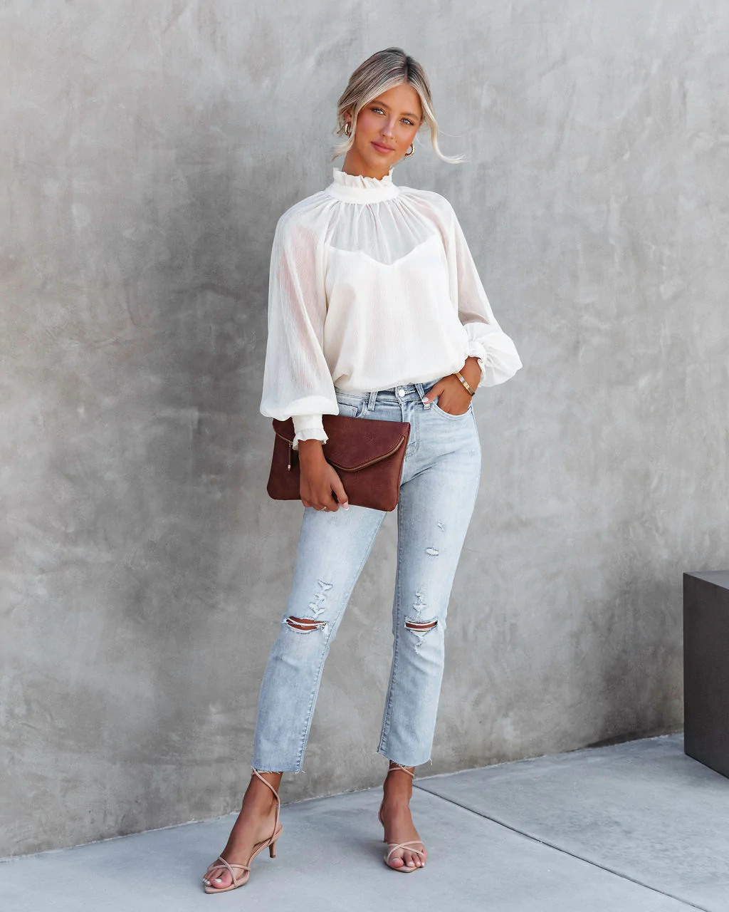 Women Summer Vacation New High Neck Lantern Sleeve Long Sleeve Top