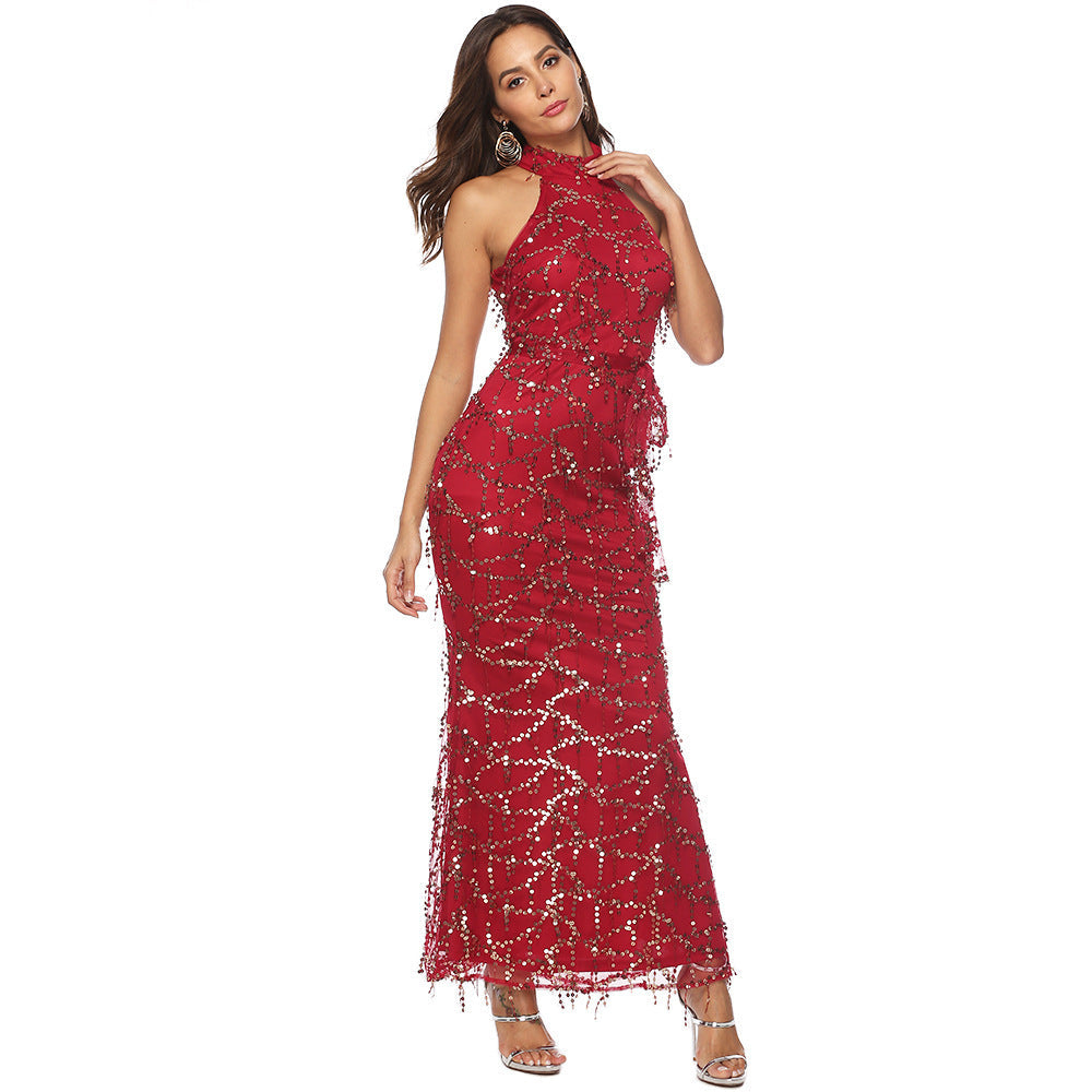 Popular Sexy Women Clothing Sleeveless Turtleneck Tassel Sequ Dress Maxi Dress