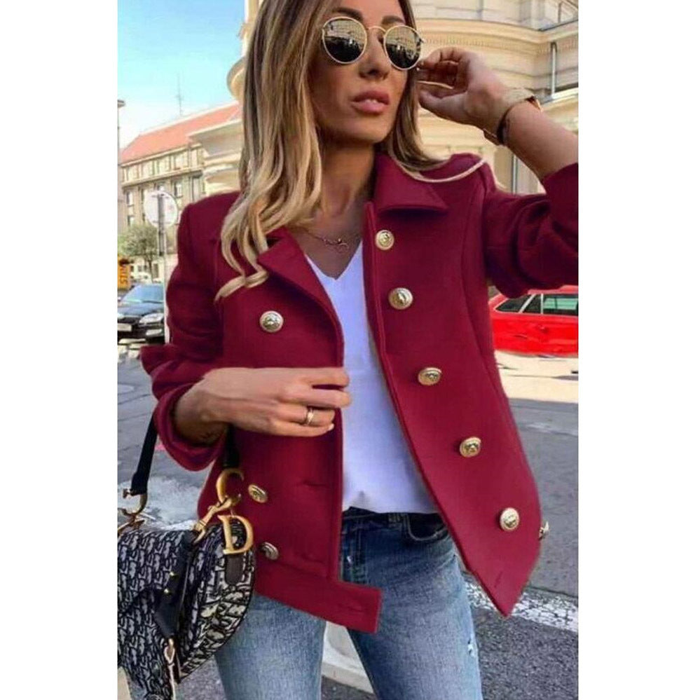Fall Winter Slim Long Sleeve Double Breasted Collar Woolen Jacket