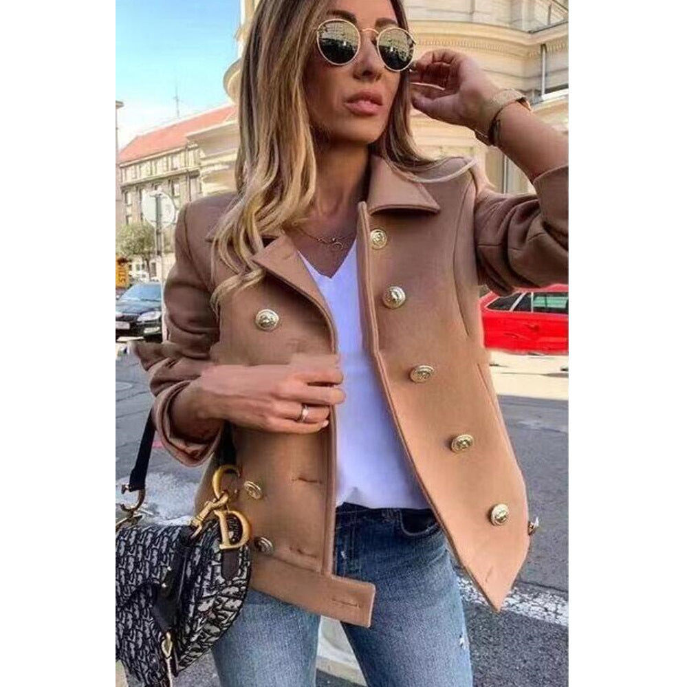 Fall Winter Slim Long Sleeve Double Breasted Collar Woolen Jacket