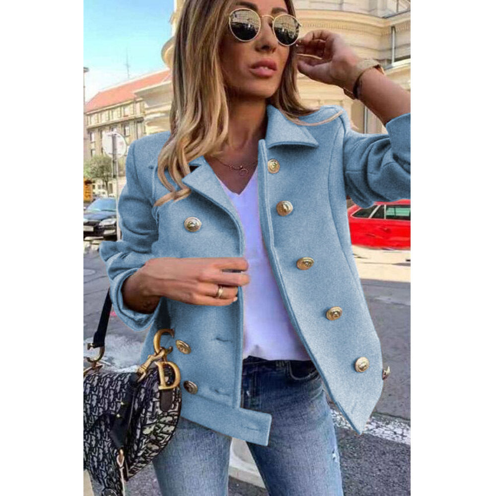 Fall Winter Slim Long Sleeve Double Breasted Collar Woolen Jacket