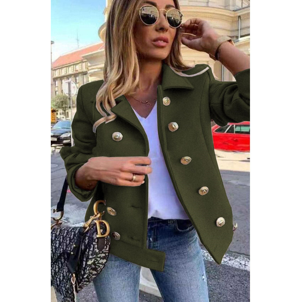 Fall Winter Slim Long Sleeve Double Breasted Collar Woolen Jacket