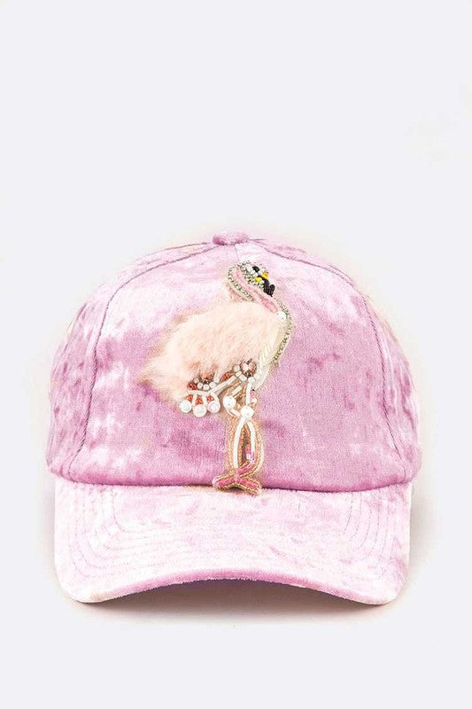 Fur & Beaded Flamingo Distressed Velour Cap