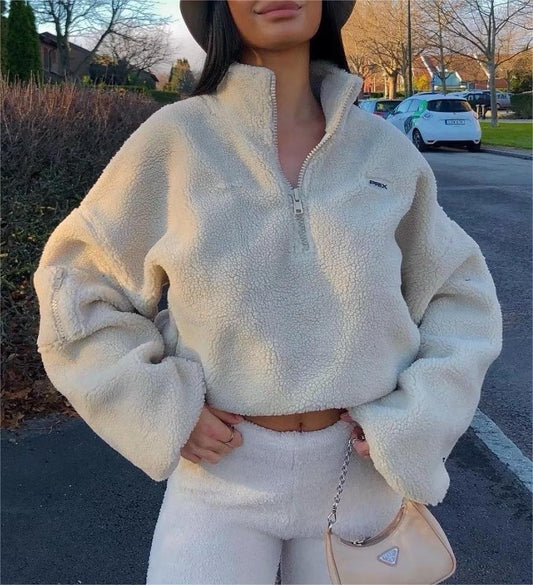 Autumn Winter Women Clothing Short Drawstring Loose Sweatshirt Coat