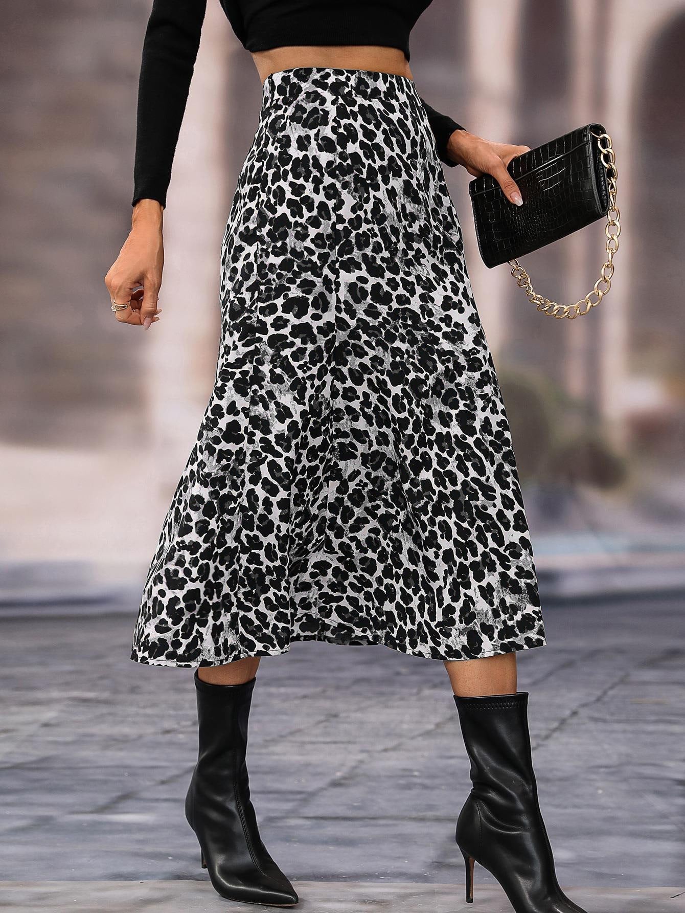 Women Summer Leopard Print High Waist Elegant A Line Skirt
