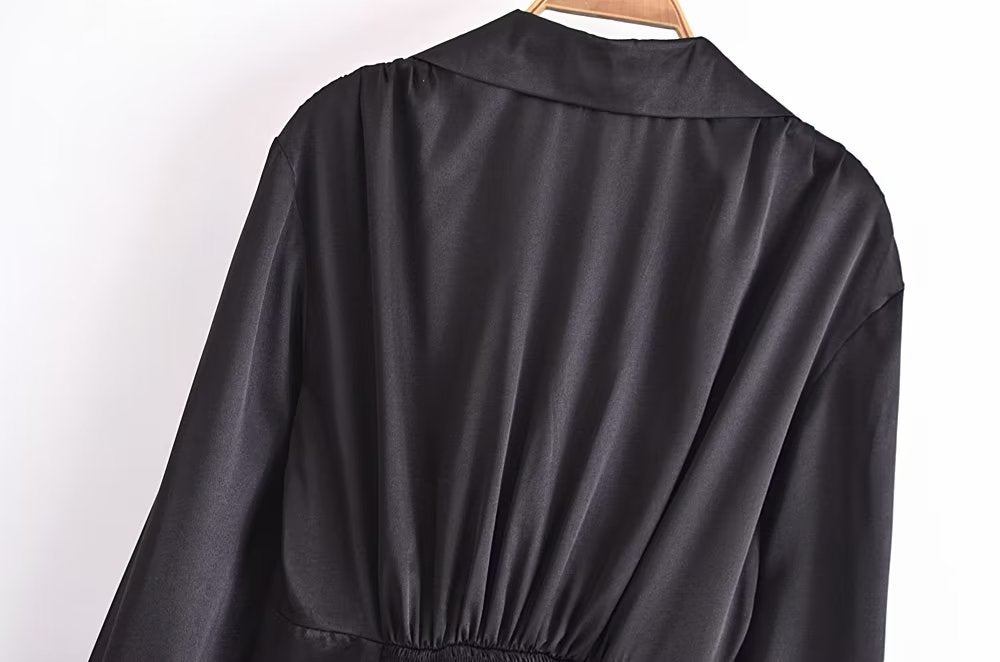 Autumn Women Black Satin Collared Long Sleeve Jewelry Fastener Decoration Shirt Dress