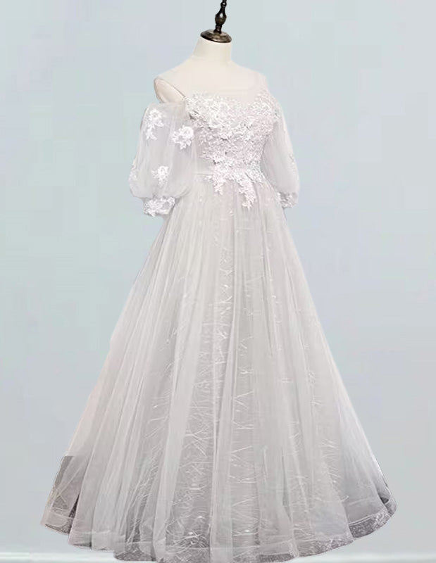 Women's Off-Shoulder Tulle Prom Gown with Lace Applique, Elegant Evening Dress