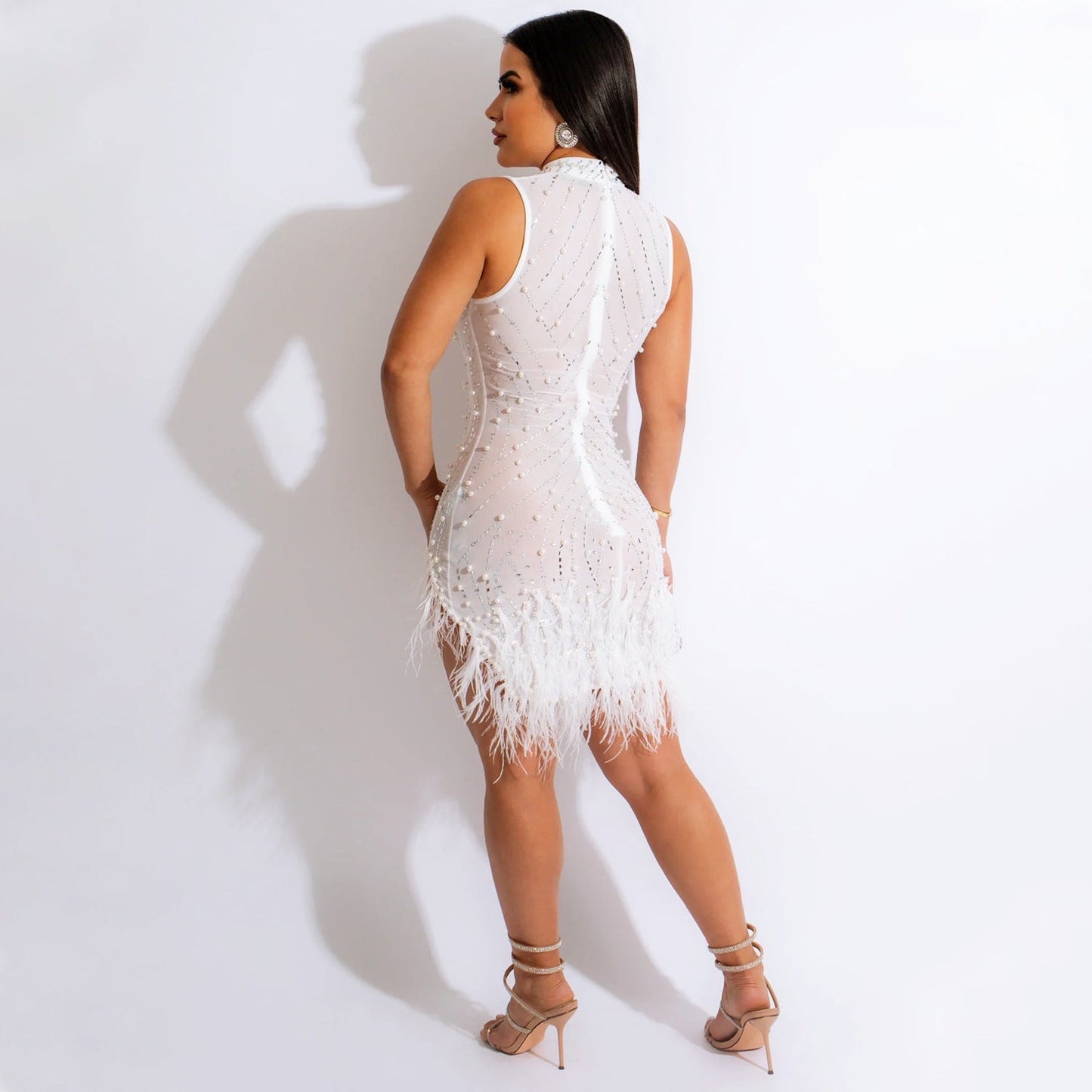 Summer Women Clothing Sexy Mesh Rhinestone Beaded See through Dress Women