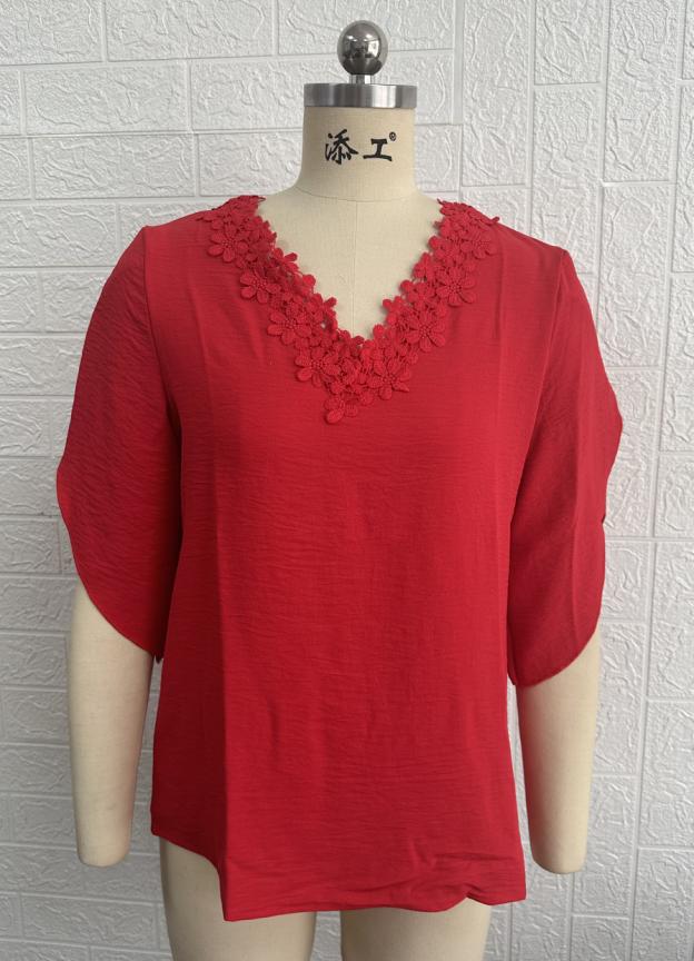 Women Clothing Summer Solid Color Lace V neck Flared Sleeves Loose Shirt Women Top