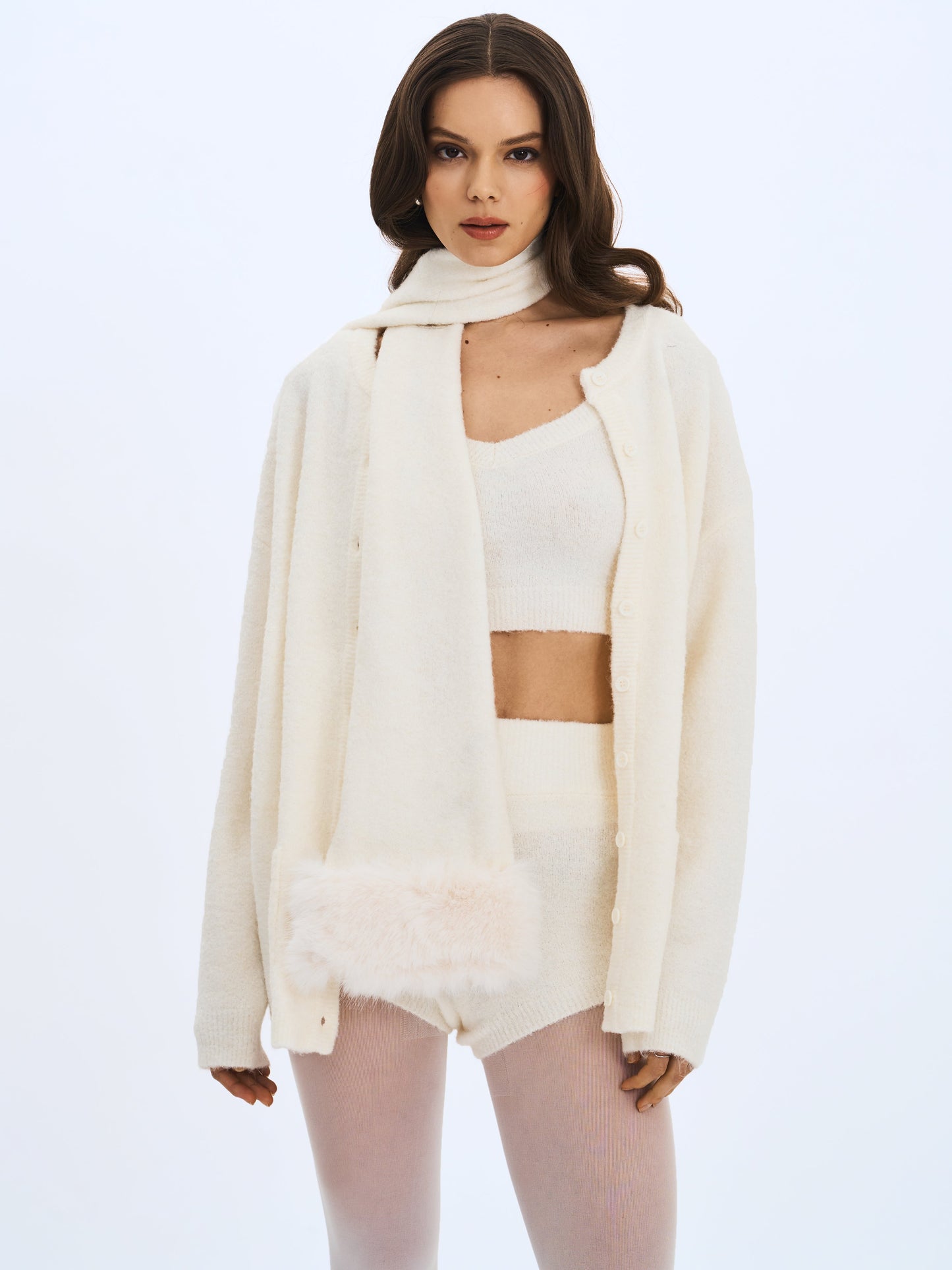 Selene White Wool-Blend Ribbed Knit V-Neck Top