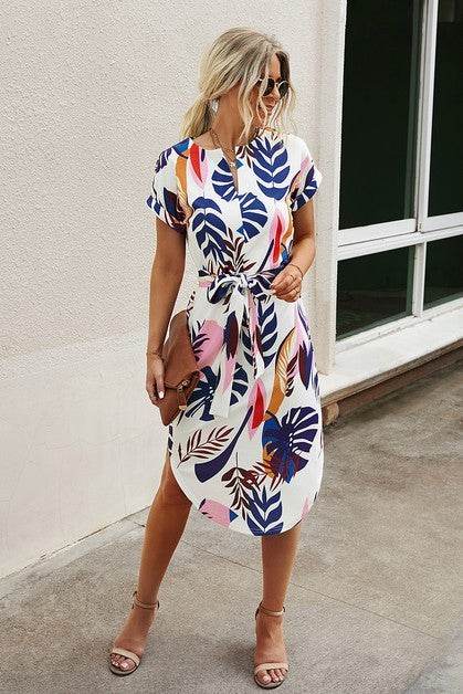 Notched Neck Floral Print Belted Fit Dress