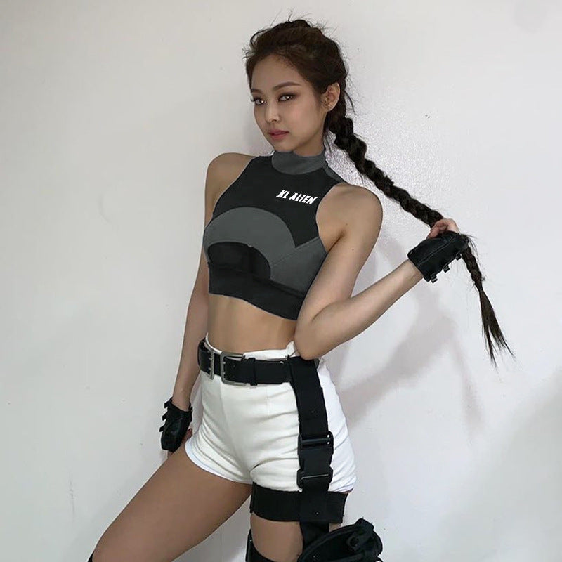 Spring Women Printed Stitching Sexy Hollow Out Cutout Sports Vest