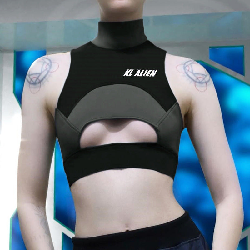 Spring Women Printed Stitching Sexy Hollow Out Cutout Sports Vest