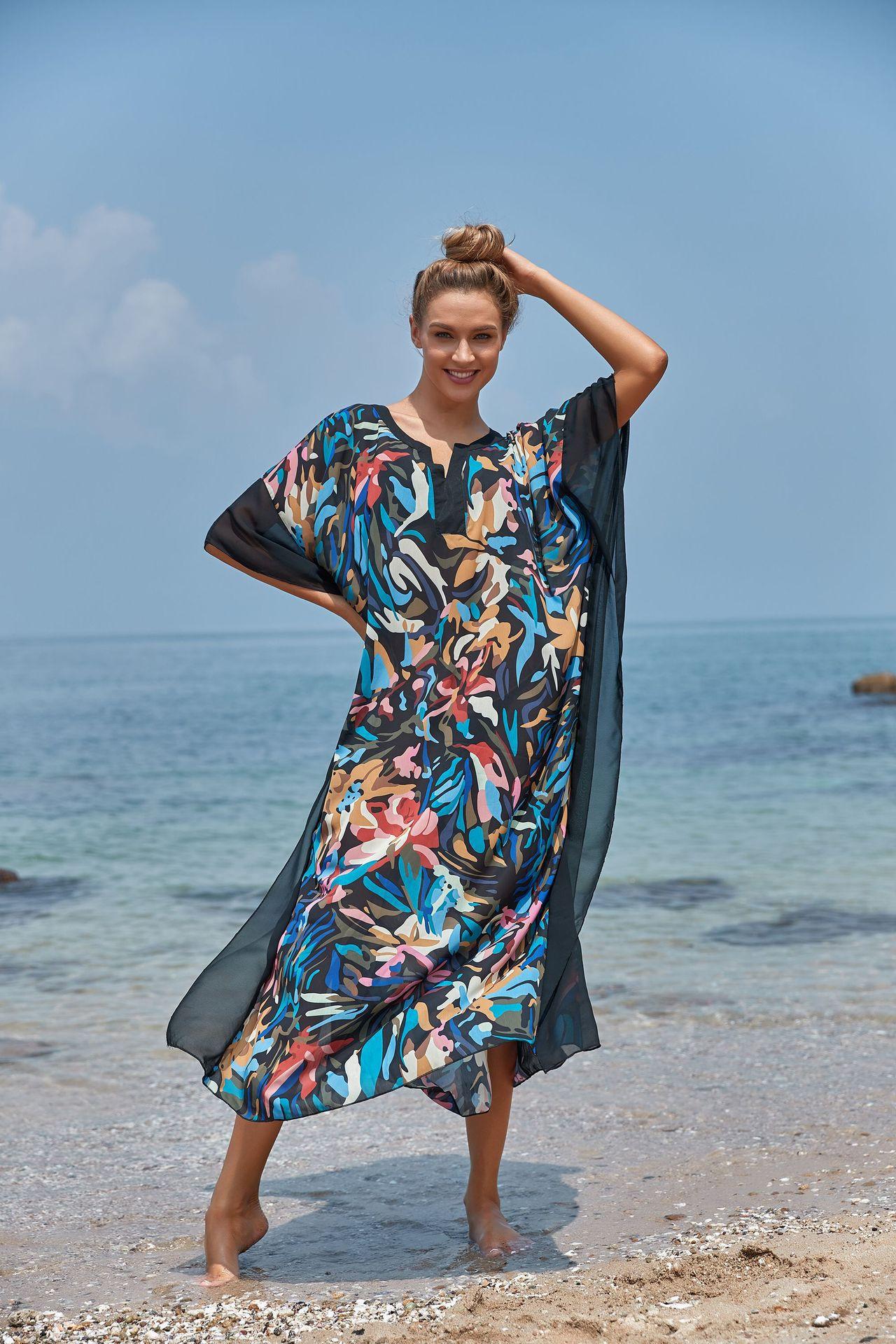 Wrinkle Solid Color Edge Robe Loose Dress Beach Sun Protection Clothing Swimsuit Bikini Cover Up Blouse