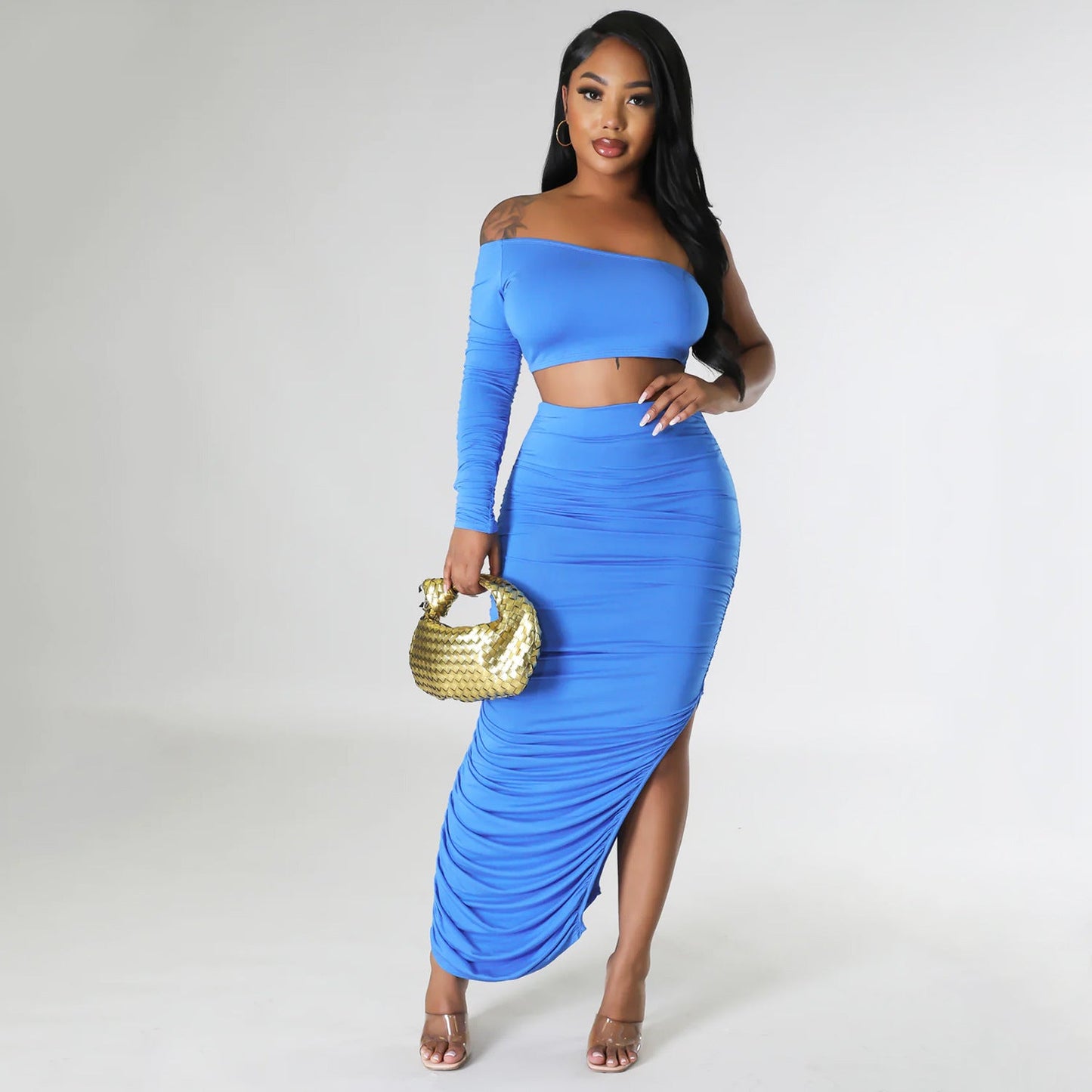 Summer One Shoulder Sleeve Women Clothing Sexy Tight Pleated Stitching Irregular Asymmetric Two Piece Set