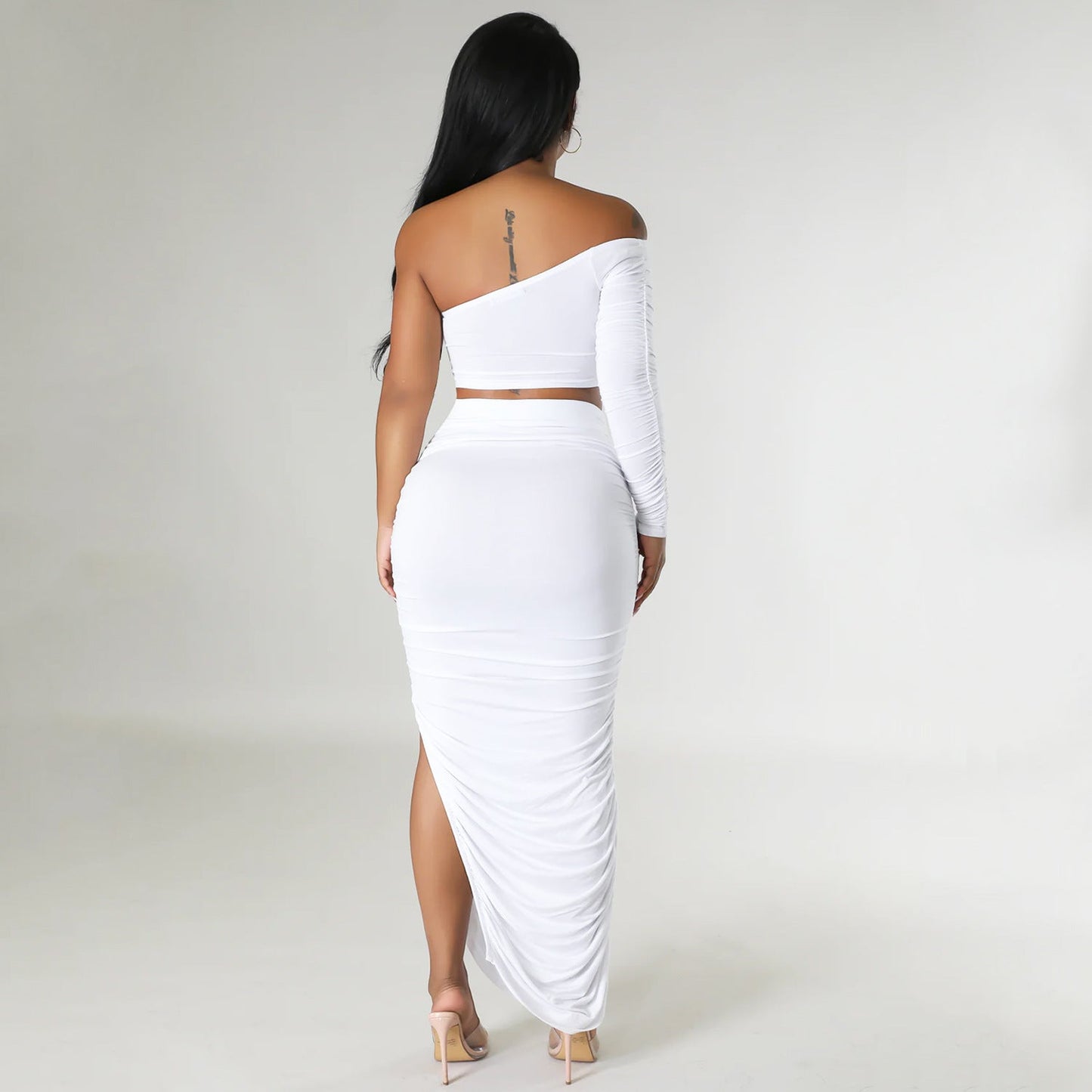 Summer One Shoulder Sleeve Women Clothing Sexy Tight Pleated Stitching Irregular Asymmetric Two Piece Set