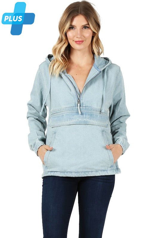 PLUS SIZE DENIM HOODIE HALF ZIPPER CLOSER