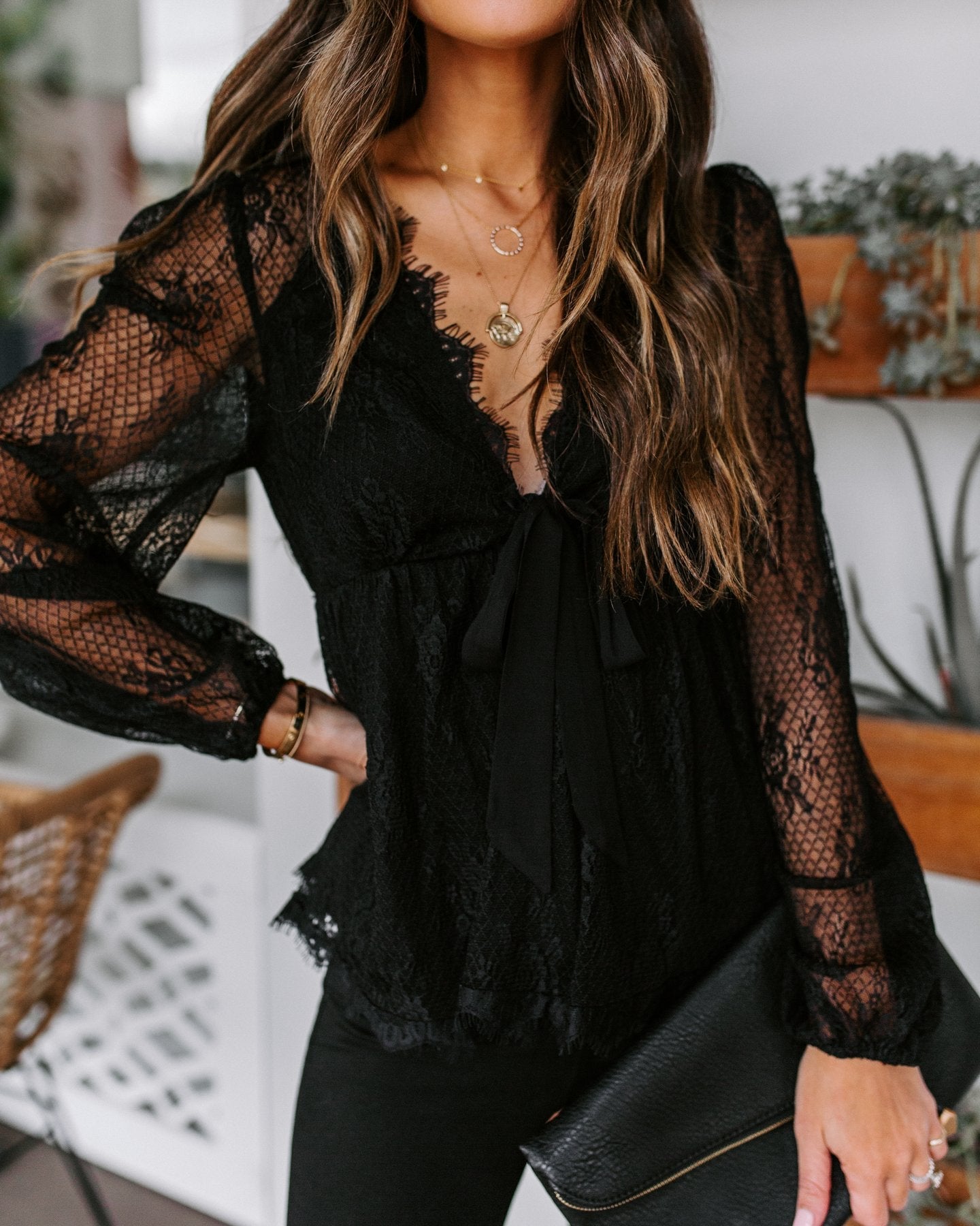 Women New Lace Embroidered Stitching Lace Bow Strap Long Sleeve Top