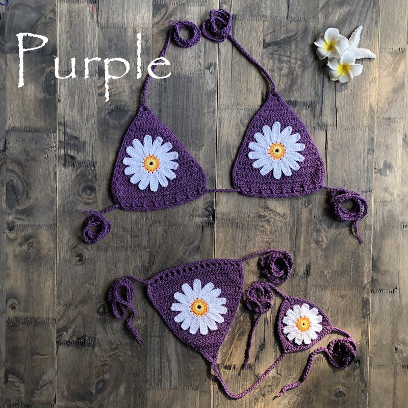 Vacation Split Swimsuit Hand-Woven Daisy Pattern Beach Bikini