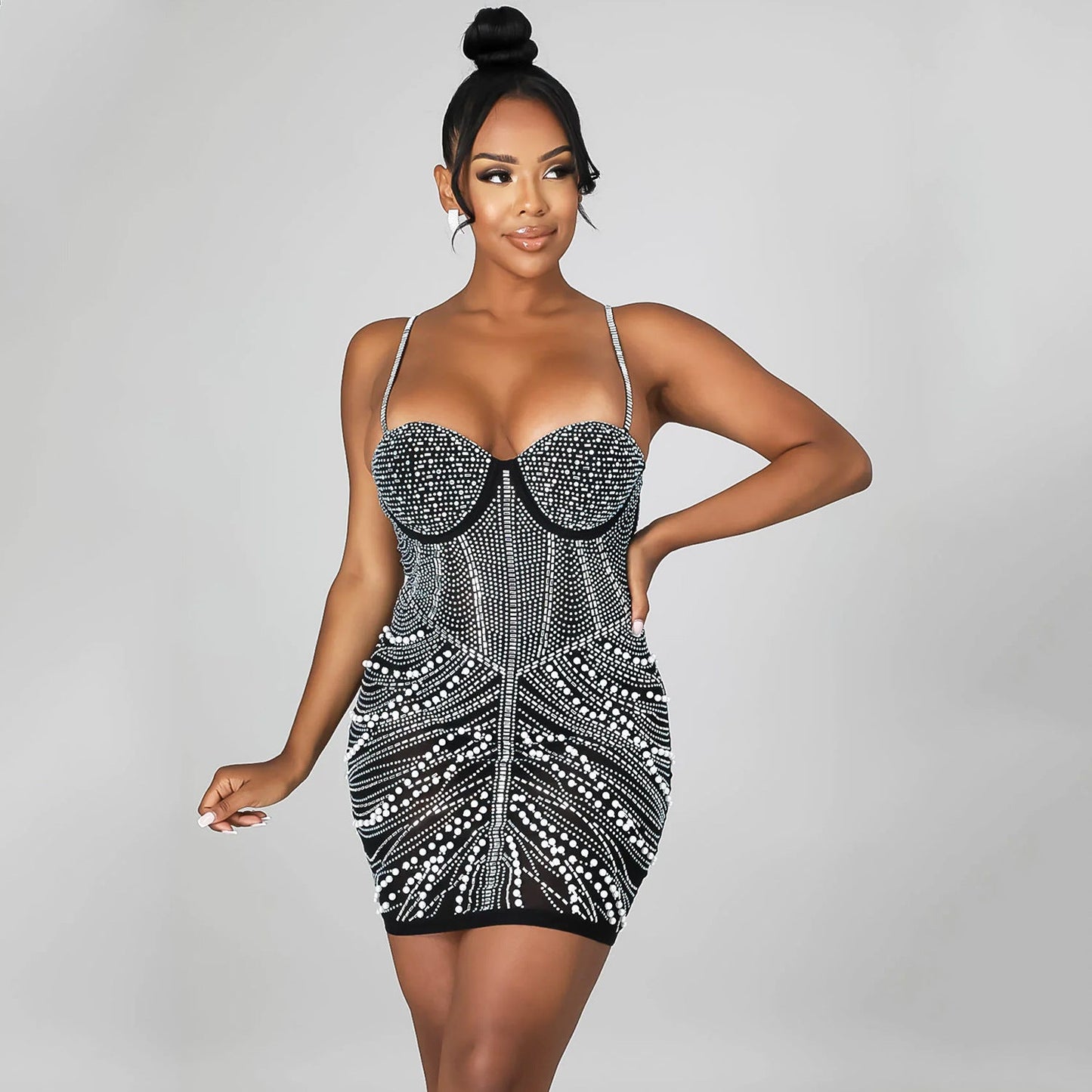 Autumn Winter Women Clothing Sexy Tight Mesh Rhinestone Night Club Slip Dress