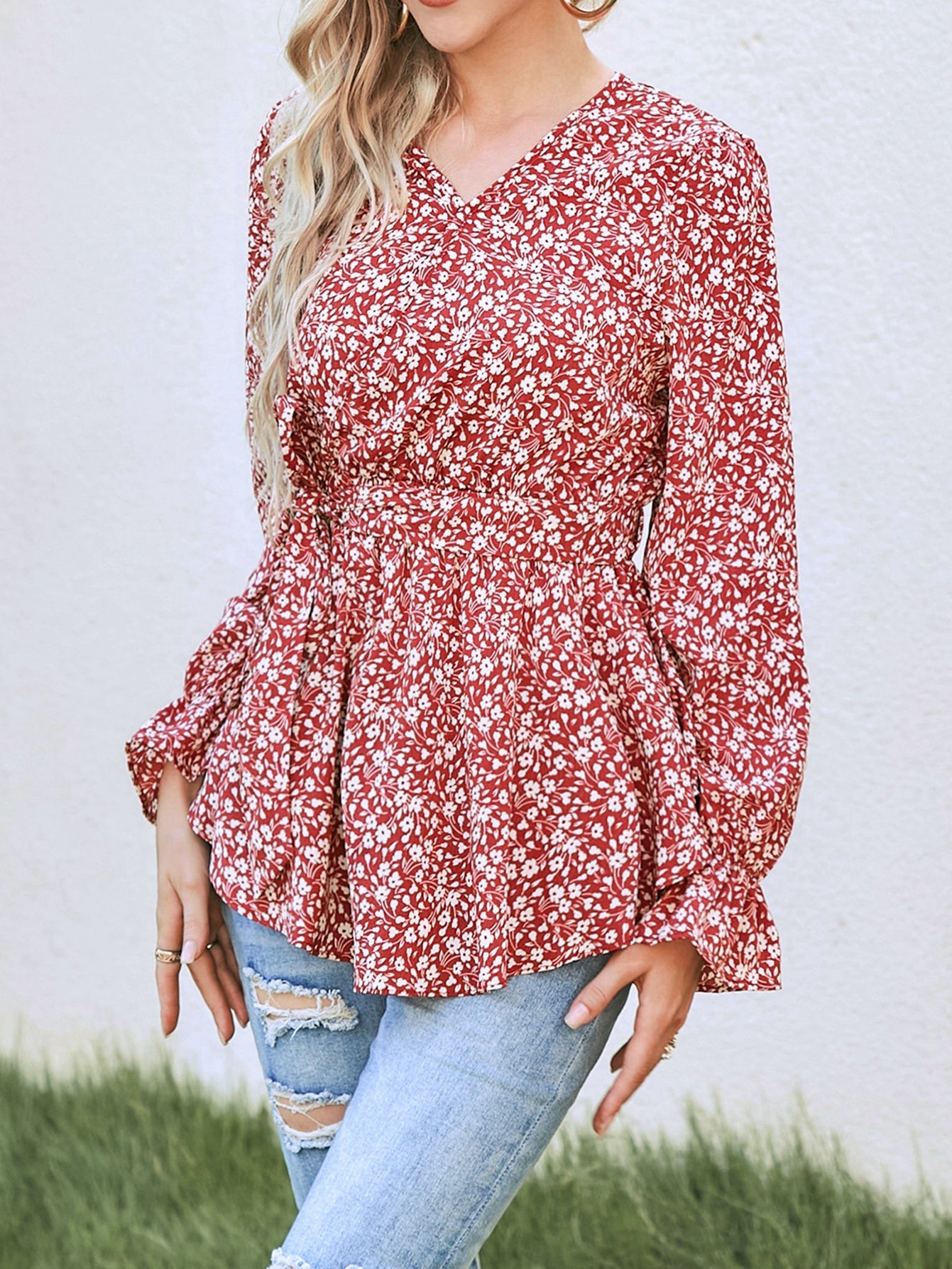 Women New Spring and Autumn Elegant Printed Strap Long sleeved Top