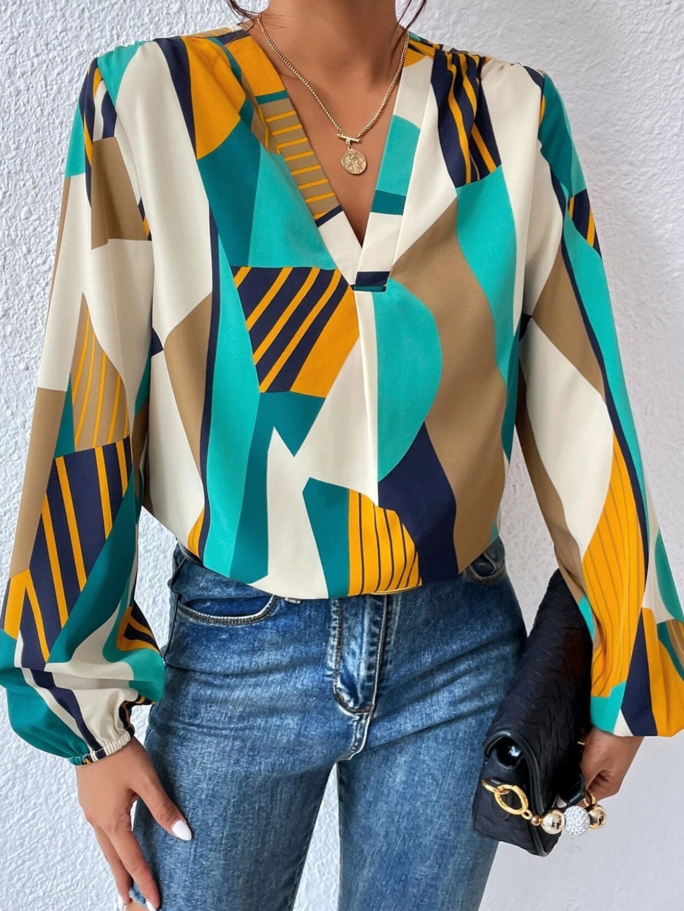 Women New Spring and Autumn Elegant Geometric Print Long Sleeve Shirt
