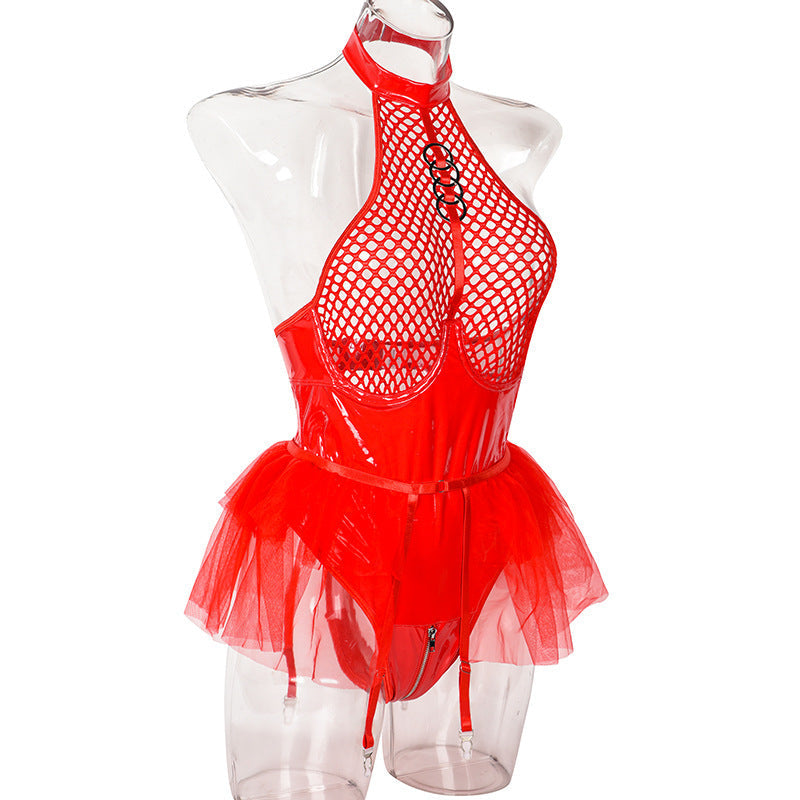 Sexy Patent Leather One Piece Mesh Backless See through Sexy Lingerie Set