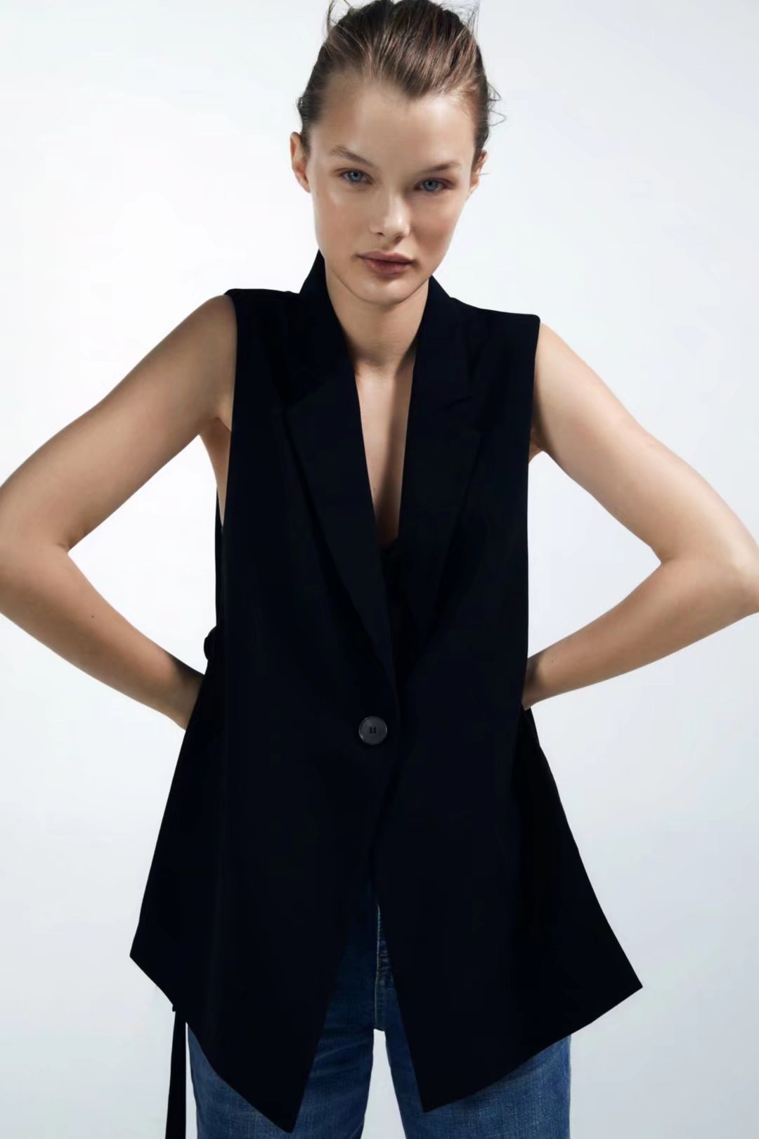 Autumn Solid Color Tied Decorative Split Single Button Vest Blazer Vest