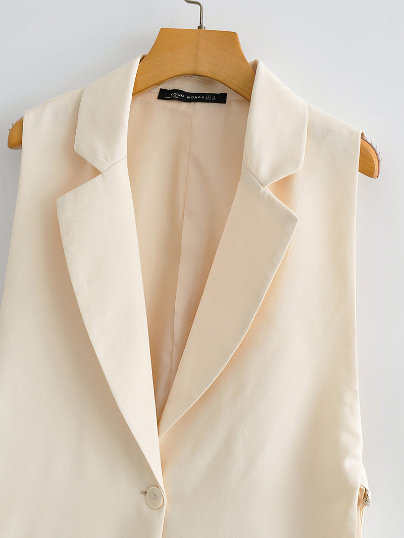 Autumn Solid Color Tied Decorative Split Single Button Vest Blazer Vest