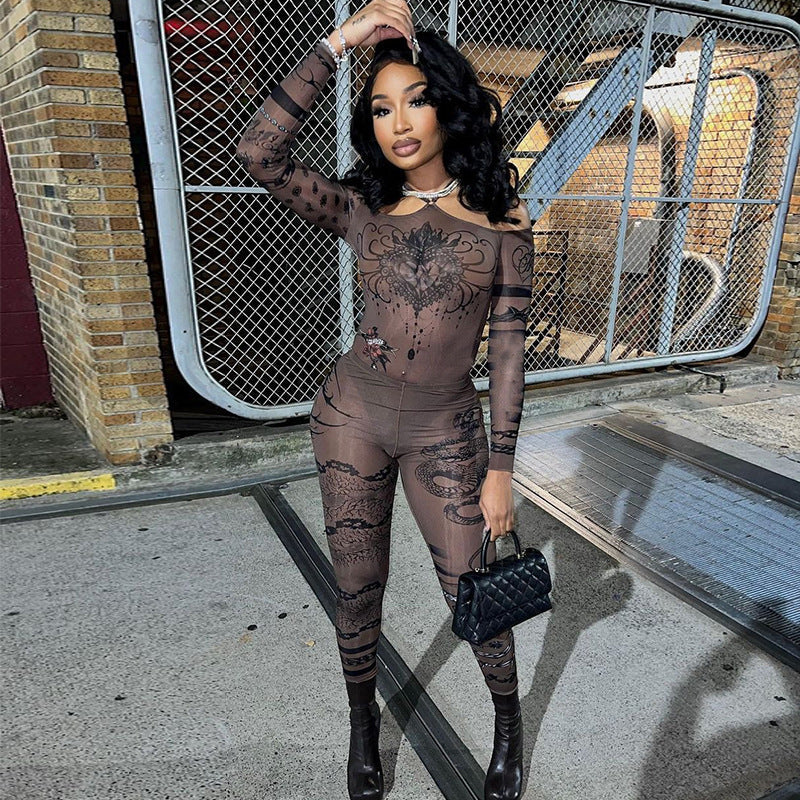 Fall Women Clothing Sexy off the Shoulder Mesh Floral Print Jumpsuit High Waist Trousers Set for Women