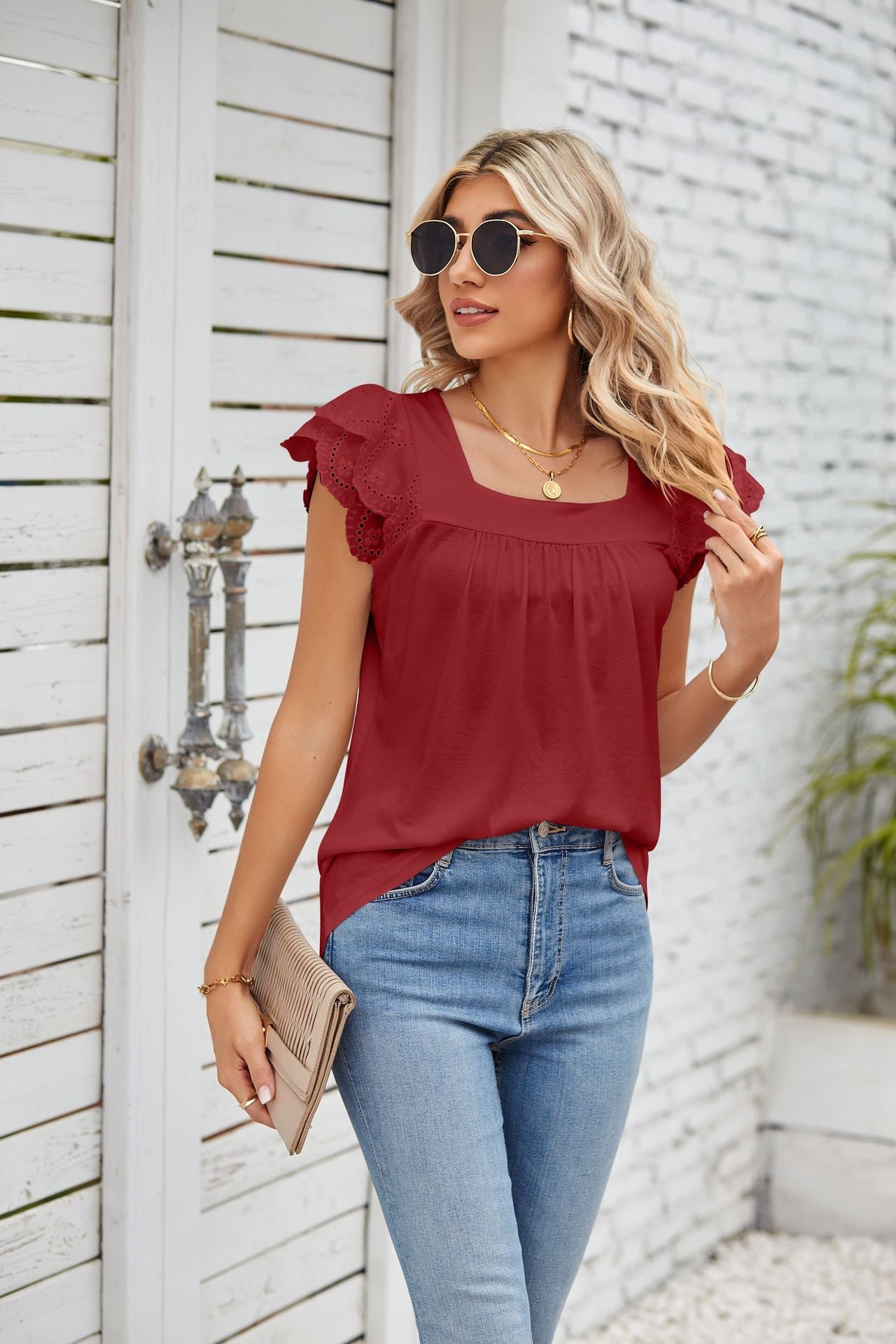 Summer Solid Color Lace Stitching Square Collar Petals Short Sleeve T Shirt Top Women