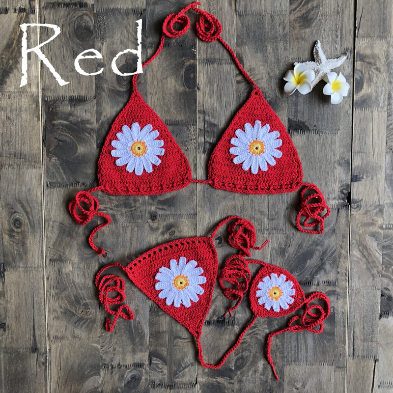 Vacation Split Swimsuit Hand-Woven Daisy Pattern Beach Bikini