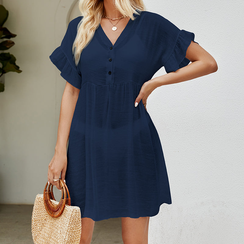 Arrival Vacation Sun Protection Blouse Solid Color Stringy Selvedge Cuff Sexy See through Bikini Smock Dress