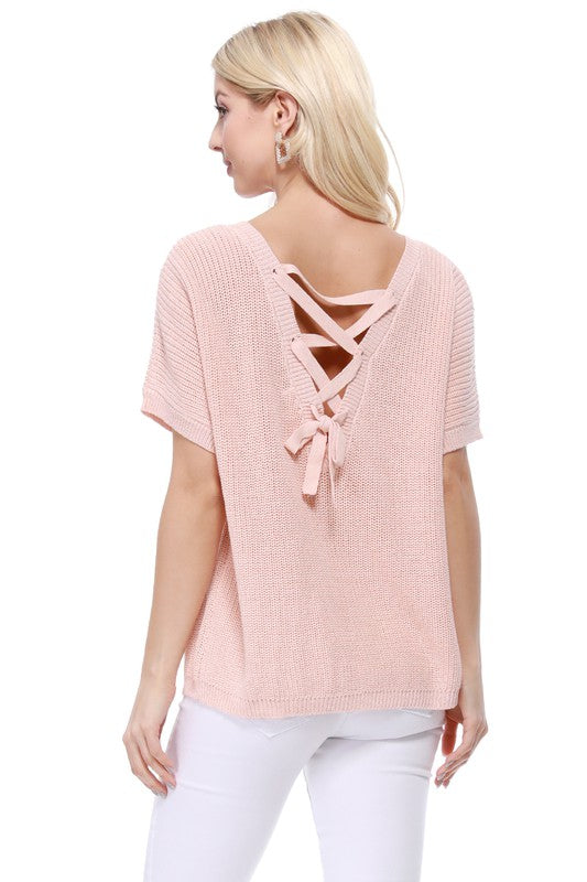 Open Back Half Sleeve Loose Fit Summer Knit Top