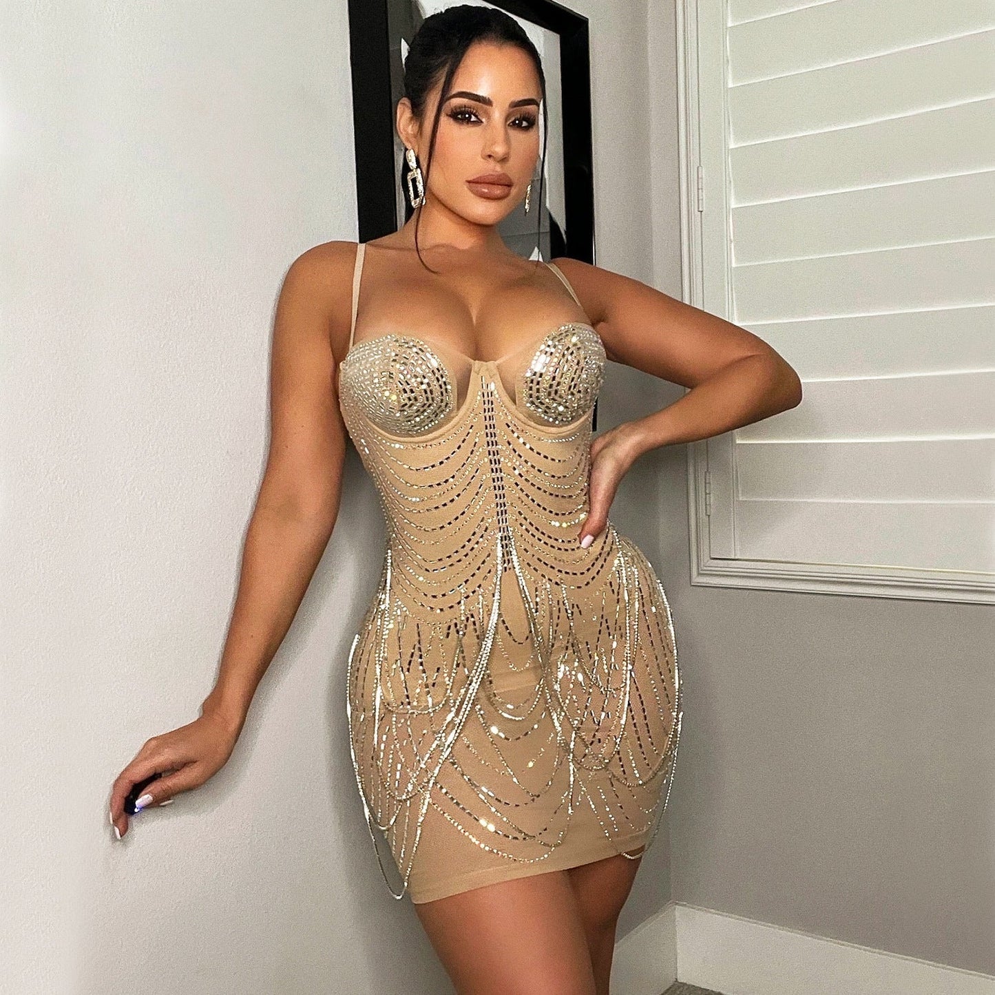 Summer Women Clothing Nightclub Sexy Mesh Drilling Tassel Cami Dress