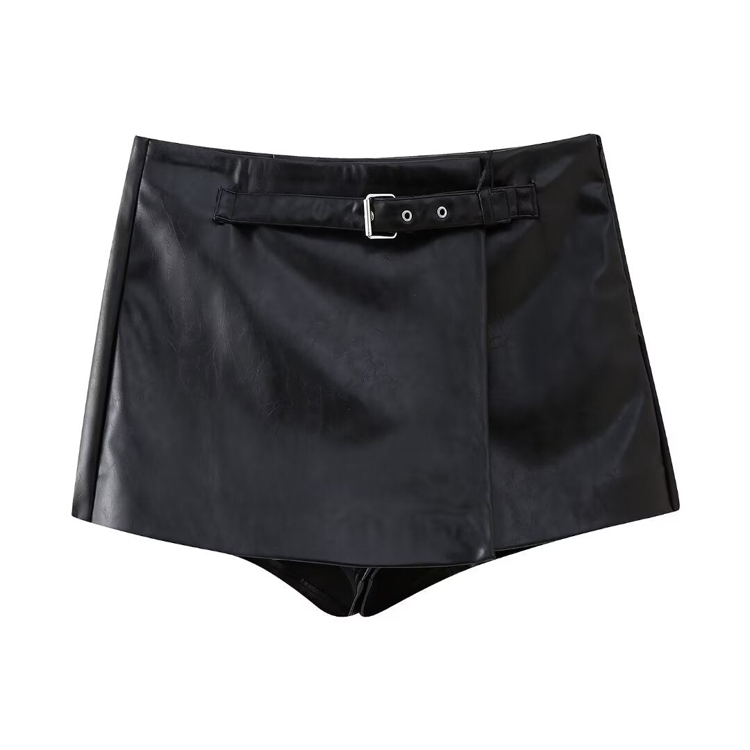 Sexy Faux Leather Shorts Women Autumn Winter V Shaped High Waist All Matching Wide Leg Pants Slim Hip Wrapped Sexy Super Short Shorts