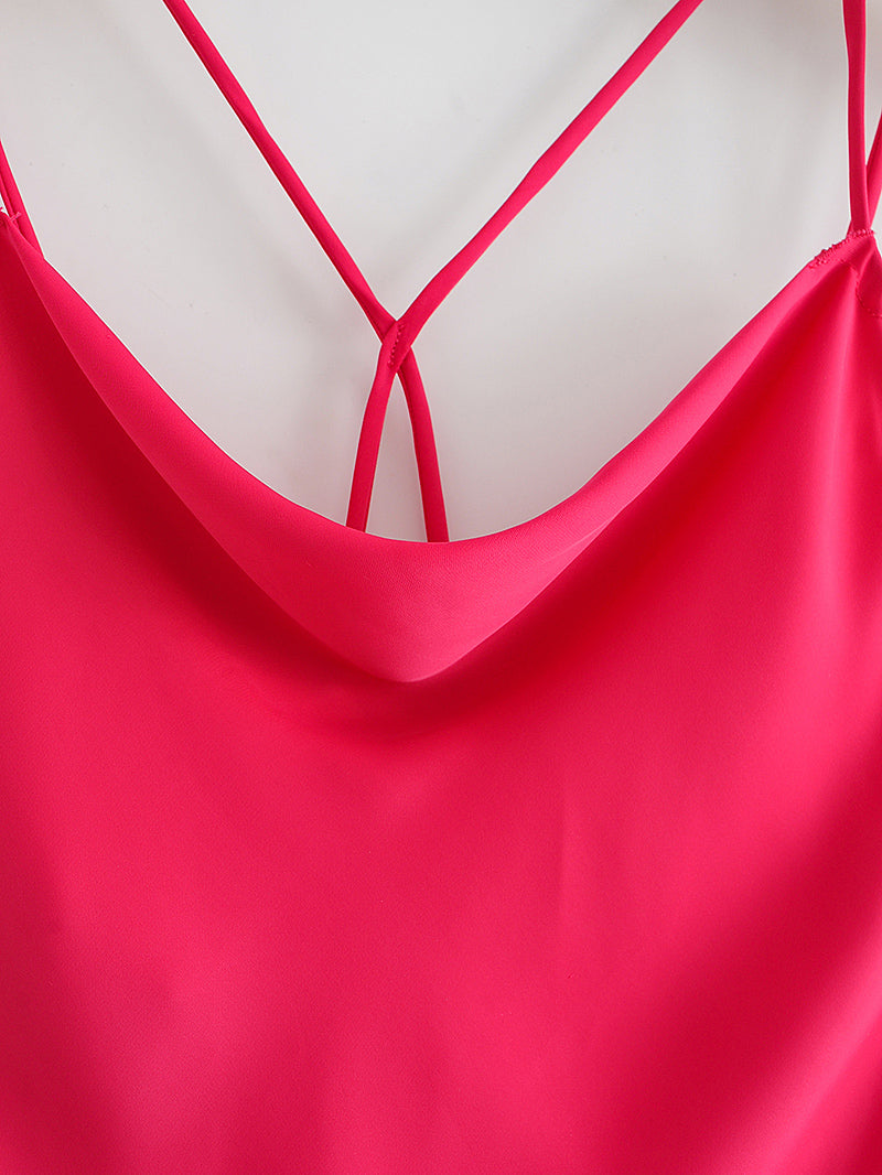 Autumn Sexy Red Silk Satin Texture Strap Dress