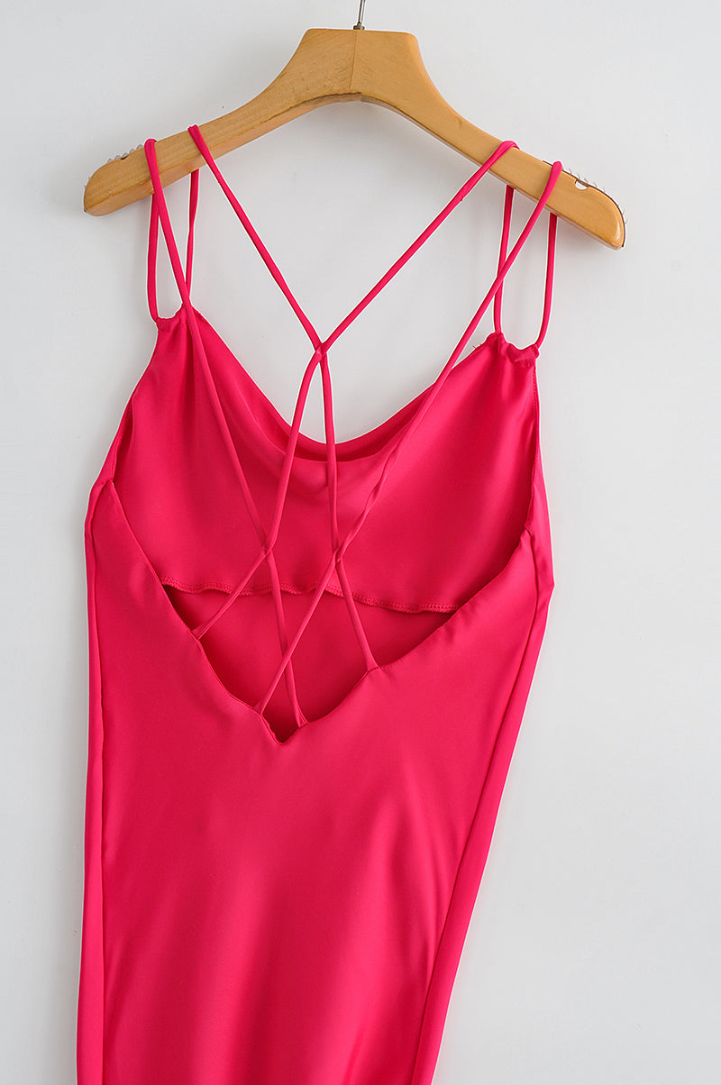 Autumn Sexy Red Silk Satin Texture Strap Dress