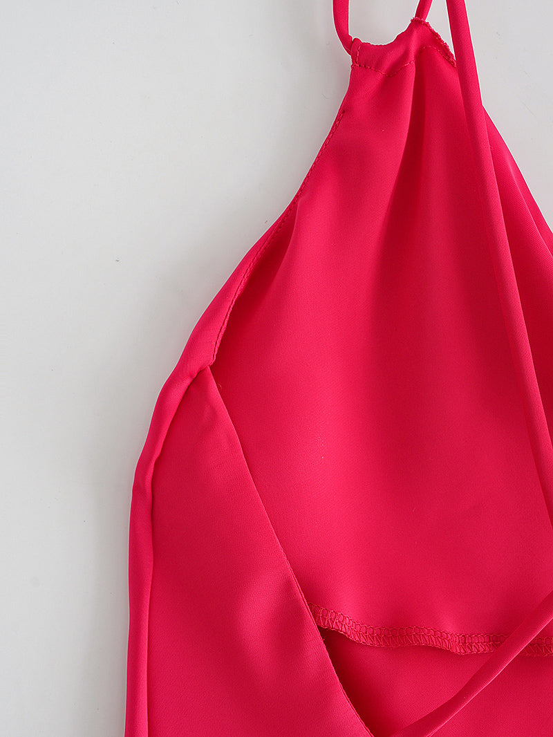 Autumn Sexy Red Silk Satin Texture Strap Dress